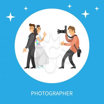 Wedding photo session of newlyweds by photographer. Groom in suit and bride wearing gown, funny spy pose, digital camera vector isolated in circle frame