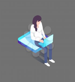 Woman typing on laptop sitting on platform 3D isometric icon. Young girl working on notebook, vector illustration of freelancer isolated cartoon character