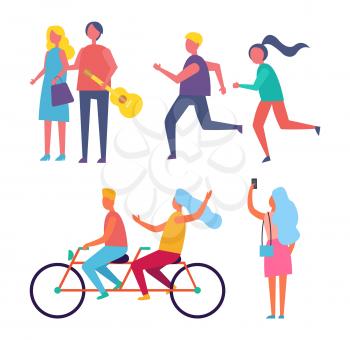 Couple riding bike together on bicycle. Man with guitar musical instrument and woman walking. People running jogging keep fit, taking photos vector