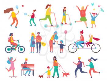 Skating person on scooter isolated icons set vector. People playing tennis, catching butterflies and riding bicycle. Guitarist walking with woman