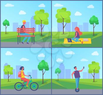 Woman working in city park, man sitting on wooden bench set. Male on hoverboard scooter, lady wearing rucksack riding bicycle on town road vector
