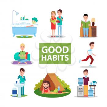 Good habits vector illustrations with people who eat natural food, go jogging, meditate, read books, maintain hygiene, relax on nature, drink water.