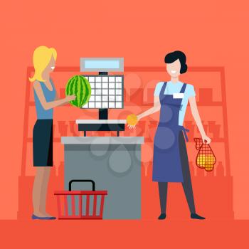 Buying fresh fruits in supermarket concept vector. Flat design. Saleswoman in apron serves customer in grocery store. Check printing scales in shop. Fast and comfortable purchases illustrating.