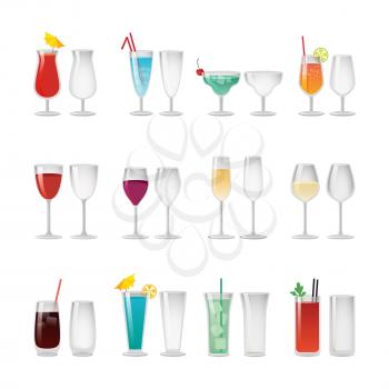 Empty glasses and full of red or blue wine and cocktails with ice, colorful straws, tasty fruits or herb and small umbrellas vector illustrations set.