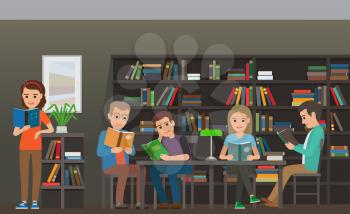 People reading textbooks in library. Men and women seating and standing with open books in interior with bookshelves flat vector. Enthusiastic readers illustration for educational and hobby concepts