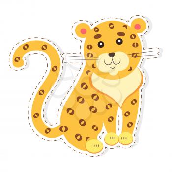 Cute funny jaguar or leopard vector flat cartoon sticker or icon outlined with dotted line isolated on white. Wild animal illustration for game counters, price tags