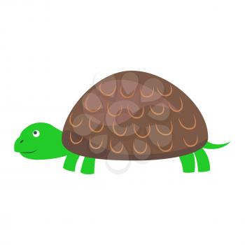 Cute turtle cartoon sticker or icon. Funny green turtle flat vector isolated on white background. Exotic reptile animal illustration outlined with dotted line for game counters, price tags