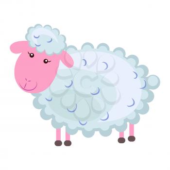 Funny cute curly lamb or sheep flat vector cartoon sticker outlined with dotted line isolated on white background. Domestic animal or pet illustration for game counters, price tags