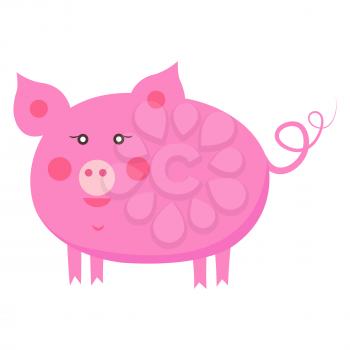 Cute pig cartoon sticker or icon. Funny pink piggy flat vector isolated on white background. Domestic animal or pet illustration outlined with dotted line for game counters, price tags