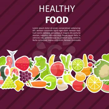 Healthy food banner with fruits and vegetables vector illustration on purple background. Yummy berries, vegetarian meal and ripe organic citruses