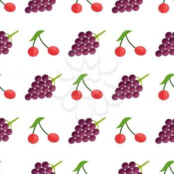 Seamless pattern with red berries and purple grape on branch isolated on white background. Endless texture with healthy fruits vector illustration