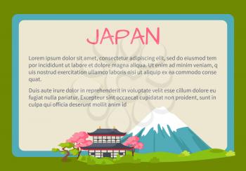 Japan framed touristic banner with national symbols and sample text. Pagoda in cherry blossom near Fuji Mount flat vector illustration. Vacation in asian country concept for travel company ad