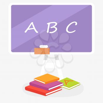 School violet blackboard with written ABC and books pile nearby vector colorful graphic illustration. Equipments for educational template