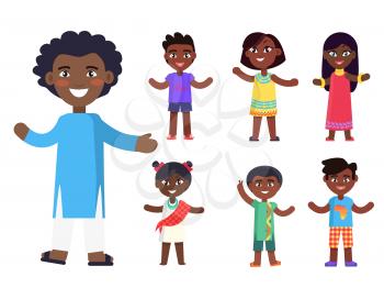 Positive afro-american boy and his friends wishes piece to everyone isolated vector illustration set. Friendship concept in flat style