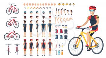 Man on bicycle with spare body parts, head in cap and helmet, set of hairstyles, drivers glasses, spacious backpack and tool kit vector illustration.