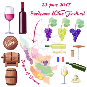 Bordeaux Wine Festival promotional poster with bottles and glasses, grapes bunches, France region map, tasty cheese and wooden barrels vector illustrations.