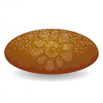 Round brown bread with small light seeds on top isolated on white vector illustration in flat design. Product made of wheat fitting for everything