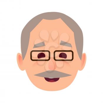 Smiling old man face icon. Grey-haired, mustached grandpa in glasses with happy facial expression flat vector isolated on white background. Pensioner cartoon portrait for user avatar illustration