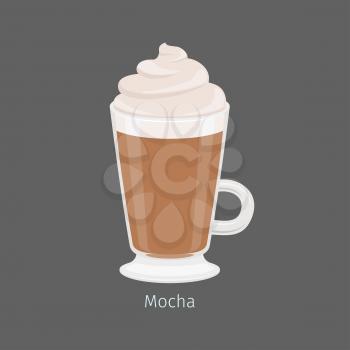 Irish mug with mocha flat vector. Hot invigorating drink with caffeine. Espresso based and chocolate flavored coffee with creamy foam on top illustration for coffee house and cafe menus design