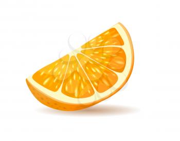 Orange slice with peel. Piece of juicy citrus realistic, glossy vector with shadow isolated on white background. Fresh exotic fruit illustration for healthy food and natural nutrition concepts design
