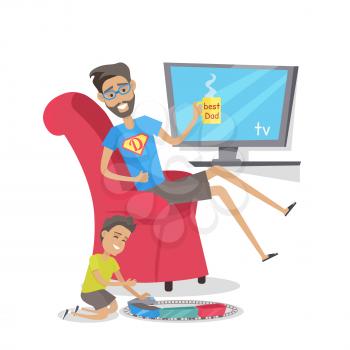 My dad is superhero vector banner. Flat design. Man resting in armchair with cup of hot drink in hand, his son playing railroad nearby. Leisure at home. Father day celebrating, Family values.