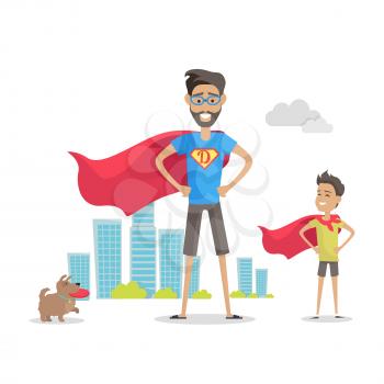 Father and his adorable son superheroes. Playing outdoors. Role model, greatest mentor. Part of series of fathers day celebration banners. Honoring dads. Fatherhood concept, paternal bonds. Vector