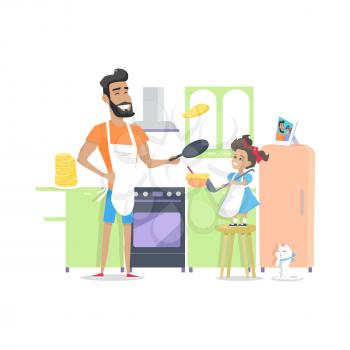 Father and daughter cooking dinner. Preparing breakfast together. Role model, greatest mentor. Part of series of fathers day celebration banners. Honoring dads. Fatherhood concept, paternal bonds. Vector