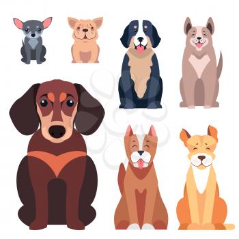 Cute cartoon doggies sitting with smiling muzzle and hanging out tongue flat vector isolated on white. Lovely purebred pets illustration for vet clinic, breed club or shop ad