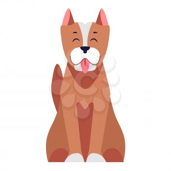Cartoon dog sitting with hanging out tongue flat vector isolated on white background. Lovely purebred pet illustration for animal friends and companions concepts, shop ad