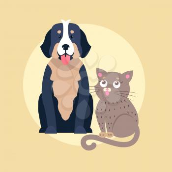 Large dog sitting with cute kitten flat vector isolated on white background. Lovely purebred cartoon pets illustration for animal friends and companions concepts, vet clinic ad