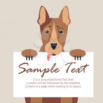 Brown Doberman with hanging out tongue holds signboard with text isolated on beige background. Noble manageable dog breed vector illustration. Cute cartoon domestic animal as friend and guard.