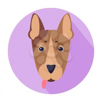 Funny brown puppy head with hanging out tongue in color circle isolated flat vector. Lovely purebred pet illustration for animal friend concept, shop or veterinary clinic