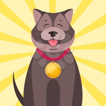 Cute happy dog winner with gold medal on neck. Champion with award on collar flat vector on colorful background with rays. Lovely purebred pet competition winner illustration for animal friends