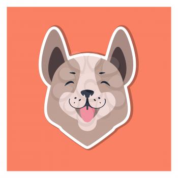 Central asian shepherd dog or Siberian husky head isolated on orange background. Smiling doggie face with pink tongue. Vector illustration of ancient breed of dog flat design. Hand drawn cartoon style