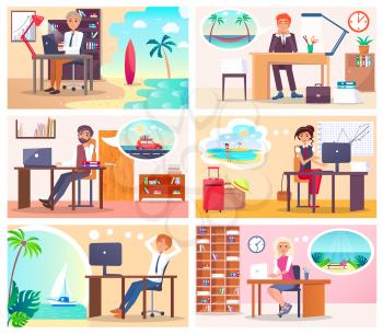 Office employees sit at workplaces and dream about vacation on sunny beach with white sand among palms beside blue sea vector illustrations set.