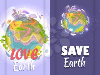 Poster urging people to stop destroying planet. Vector illustration of Earth depicting human impact on environment and its consequences