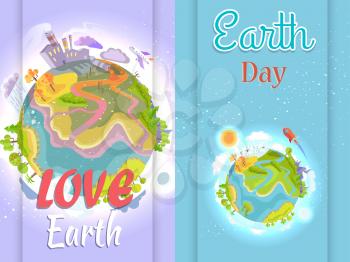 Earth Day Poster urging people to save environment. Vector illustration of planet affected by human activities in comparison with pristine nature