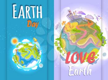 Earth Day banner in colors of small clean and big pollute planet signs. Vector poster of human harmful impact on environment