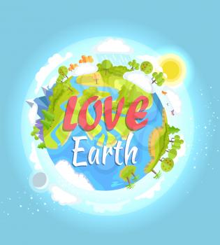 Love Earth concept with our colorful flourishing planet on blue background. Vector illustration of clean environment in world