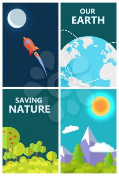 Saving Earth template vector poster of flying rocket, planet map, green trees and mountains. Healthy life in clean environment