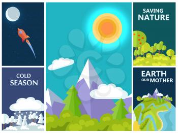 Saving nature, Earth our mother and cold season posters set with winter and spring landscapes and space views vector illustrations.