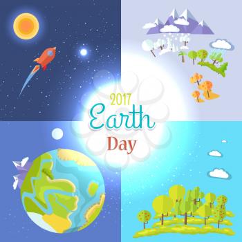 2017 Earth day posters set traveling to Moon, mountains and trees icons, clean environment, saving planet clean concept vector illustrations set.