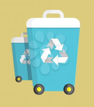 Trash can on wheels with recycling symbol vector illustration isolated on beige background. Plastic container with separation sign