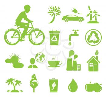 Set of green icons in clean environment concept. Vector Illustration of man riding on bike, wind mills, electro cars, organic plants
