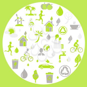 Green ecology themed signs vector illustration set. Big recycling symbol, alternative energy, stop pollution and save water concept in round button