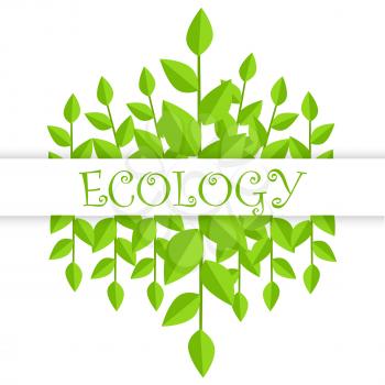 Ecology banner with green branches with leaves and text, calligraphic inscription. Vector illustration of poster with foliage in eco concept