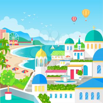 Spectacular view of resort town with long beach, amazing old-fashioned architecture, air balloons in sky and green spaces vector illustration.