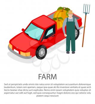 Farm worker with a pitchfork in straw hat near pick-up van car full of pumpkins vector illustration isolated on white background. Farmer in flat style