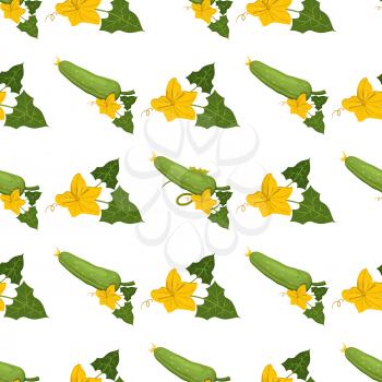 Cucumber fruit and yellow blossom seamless pattern on white background. Cartoon vegetable and flower vector illustration formed in endless texture.