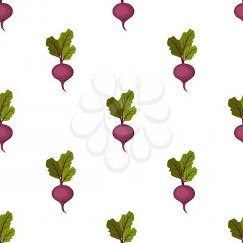 Organic sweet beet with green leaves and small root isolated vector illustration formed into endless texture. Healthy vegetable seamless pattern.
